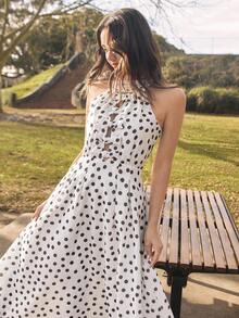SHEIN Unity Elegant Romantic Polka Dot Sleeveless Stand Collar Bowknot Decor Hollow Waist Midi Dress, Off The Shoulder - White - View 3
