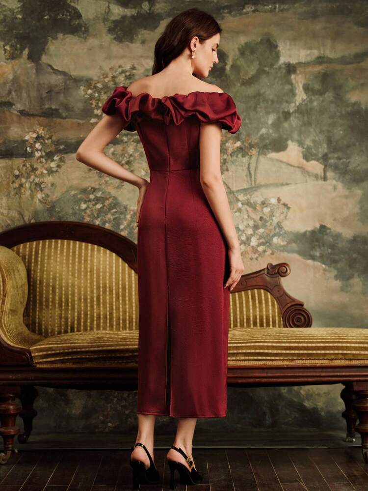 Women's Elegant Romantic Modern Vintage Off Shoulder Floral Bud Design Waist-Cinched Textured Satin Dress, Suitable For Halloween Costume, New Year Party, Graduation, Red Dress