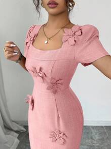 Elenzga Vestido de verano de longitud media con elegante decoración floral 3D para mujer - Rosa vieja - Ver 4