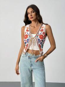 SHEIN Tall 女士休闲花卉印花抽绳夹克，夏季波西米亚风上衣秋冬花卉背心 - 彩色 - 查看 5