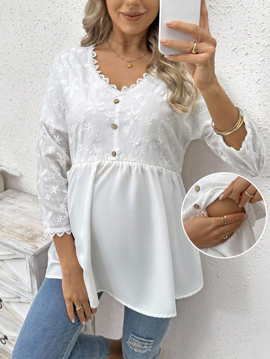 SHEIN Top d'allaitement élégant à manches mi-longues, col rond, avec patchwork en dentelle - Blanc - Voir 1