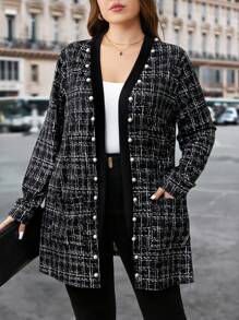 SHEIN Clasi 大码优雅仿粗花呢口袋长袖外套 粗花呢外套 女士长款开衫 珍珠纽扣开衫 黑白格子开衫 秋季女装 冬季女装 冬季女装 女教师款 大码女装 女式外套 女士罩衫 秋季女装 - 黑與白 - 查看 2