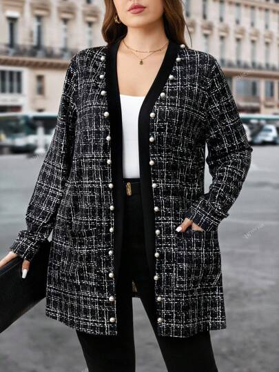 SHEIN Clasi Plus Size Elegant Faux Tweed Pockets Long Sleeve Coat Tweed Coat Women Long Cardigan Pearl Button Cardigan Tweed Cardigan Black And White Cardigan Plaid Cardigan Fall For Women Winter For Women Winter For Women Teacher For Women Plus Size Women Coat For Women Cover Ups Women Autumn