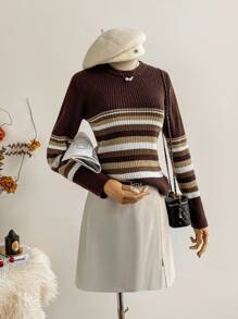 SHEIN Unity Women's Minimalist Chic Brown Striped Long Sleeve Pullover Knit Sweater, Autumn/Winter Fall Cloth For Women - Brown - View 4