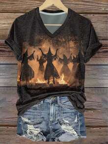 INAWLY Halloween Women's Casual Witch Print V-Neck Short Sleeve T-Shirt, Summer - Multicolor - View 1