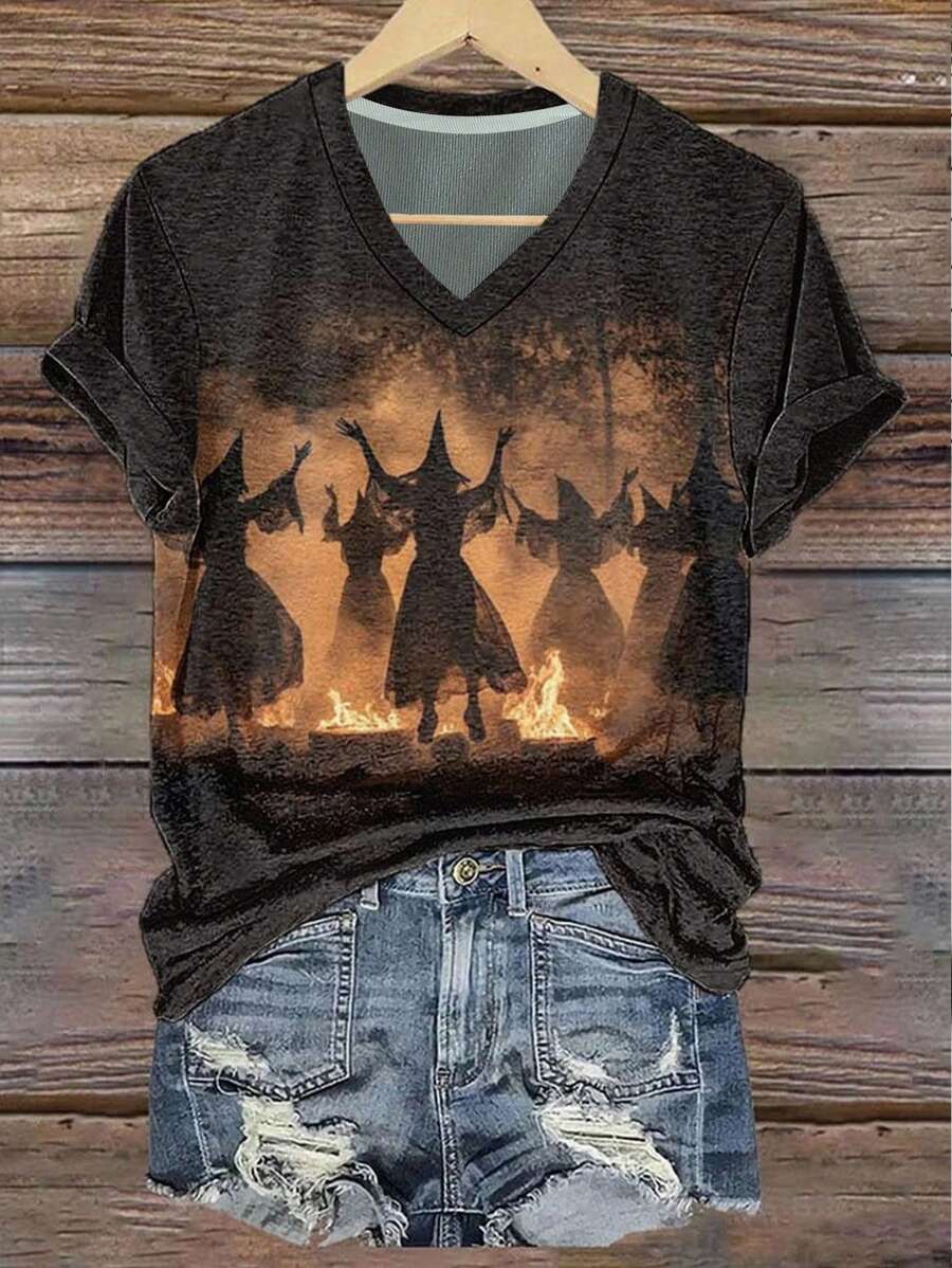 INAWLY Halloween Women's Casual Witch Print V-Neck Short Sleeve T-Shirt, Summer - Multicolor - View 1