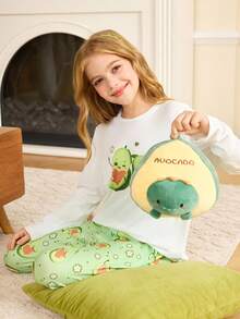 Pijama para niñas con estampado de aguacate y flores en bloques de color