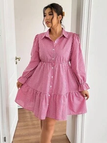 SHEIN Frenchy Plus Size Women's Open Front Plaid Long Sleeve Short Dress, Casual Outgoing Date Fashion Crimson Red Dress