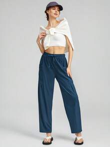 GLOWMODE Ribbed Drawstring Pockets Flowy Wide-Leg Pants Daily Casual Summer Cool Feeling - Navy Blue - View 7