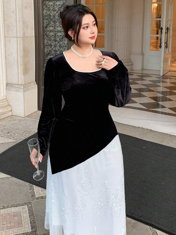Dazy Plus Plus Size Christmas Velvet Patchwork Sequin Chiffon Square Neck Long Lantern Sleeve Fitted Maxi Elegant Party Dress, Black, Autumn/Winter Prom Dress
