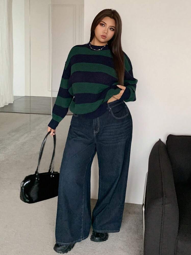 Dazy Plus Suéter holgado de cuello redondo con bloques de color, manga larga, tallas grandes para mujer, otoño/invierno - Verde Oscuro - Añade 7