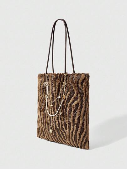 Grunge Punk 1pc Vintage Spiral Pattern Sun Chain Western Cowboy Decor Plush Texture Tote Bag, Large Capacity Commuter Shoulder Bag For Women