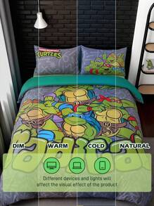 TEENAGE MUTANT NINJA TURTLES | SHEIN 3pcs Bedding Set, Soft & Breathable Cozy Warm Cartoon Turtle Pattern Gray Duvet Cover - Grey - View 12