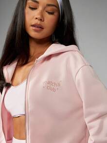MISSGUIDED Áo hoodie có khóa kéo Matcha Club Aesthetic dành cho mùa đông, mặc ở nhà, có mũ trùm đầu rút dây, thường ngày, màu pastel, ấm áp, thích hợp mặc vào mùa thu - Hồng - Xem 4