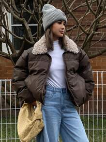 Women's Fur Collar Patchwork Loose Casual Street Style PU Leather Padded Coat Jacket Winter - Coffee Brown - View 2