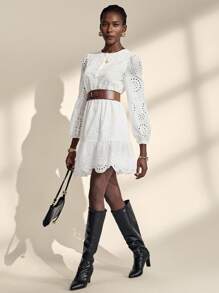 Almamuse Robe longue à manches longues avec ourlet à volants brodés blanc unicolore pour femmes - Blanc - Voir 4