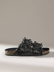 Solecia 女士圆头布洛克鞋流苏全水钻双扣平底舒适休闲鞋、派对鞋、通勤鞋、百搭鞋 - 黑色 - 查看 1