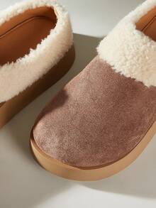 女士休闲保暖圆头拖鞋，棕色厚底平底鞋 - 棕色 - 查看 5