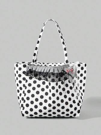 1 pieza Bolso de hombro de mujer blanco, estilo Kawaii, dulce y lindo, con diseño de lunares, cuadros y encaje, decoración de corazón, gran capacidad, adecuado para la escuela, las compras y el transporte