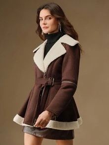 Anewsta 女士宽松绒面混纺翻领系带短款夹克，适合秋季、冬季、外出、优雅、正式、派对、别致、新年、女士冬季外套、圣诞节、工作、毕业 - 棕色 - 查看 3