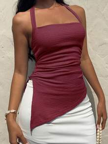 SHEIN Unity Women's Summer Casual Vacation Chiffon Fabric Asymmetrical Hem Slit Spaghetti Strap Bowknot Camisole - Burgundy - View 4