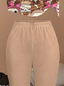 SHEIN Bộ 2 áo thun và quần dài họa tiết hoạt hình dễ thương cho bé gái tuổi teen, màu hồng và nâu, thích hợp cho mùa hè - Nhiều màu - Xem 4
