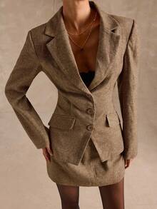 SHEIN BAE 女士时尚商务套装 - 西装外套和裙子两件套、别致女士套装、西装、剪裁、女士量身定制的衬里西装外套、秋冬优雅女士套装 - 咖啡棕 - 查看 7