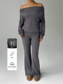 FavEase 1 套女式休闲纯色露肩长袖宽松短款上衣和低腰抽绳喇叭裤，秋季服装