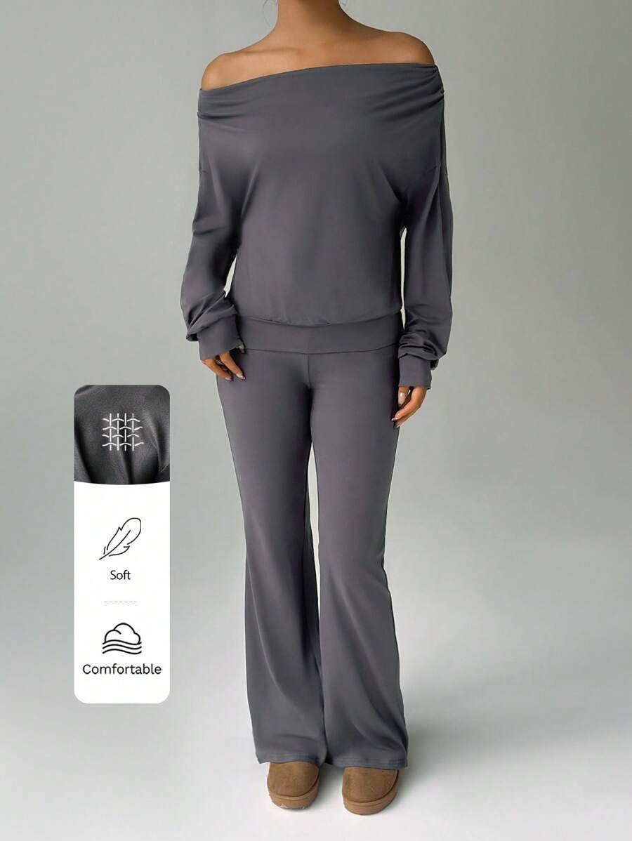 FavEase 1 套女式休闲纯色露肩长袖宽松短款上衣和低腰抽绳喇叭裤，秋季服装