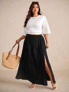 Elaquor Falda casual de cintura elástica con abertura lateral para mujer de talla grande, faldas de verano para mujer, conjunto casual para mujer - Multicolor - Ver 1