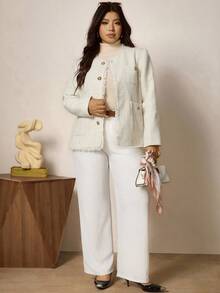 Zelara Plus Size Jacket, Fashionable And Elegant Tassel Edge Commuter Jacket, Round Neck Long Sleeve Exquisite Lady Style Jacket, Woven Textured Fabric, Four Pockets, Metal Button Decoration, Front Center Button, Upgraded Warmth Effect Women'S Autumn Clothing, Winter Jacket, Women'S Winter Clothing, Halloween Costume Women, Halloween Jacket, Business Professional Women, Business Casual Women, Elegant And Fashionable Commuter, Commuter Simple Office Old Style Jacket, Elegant Jacket, Waist Slim Jacket, Suitable For Daily Wear, Functional Pockets Fall - White - View 5