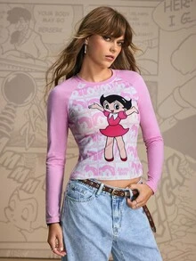 Astro Boy X SHEIN Women's Cartoon Figure Graphic Color Block Round Neck Long Sleeve T-Shirt - Pink - View 4