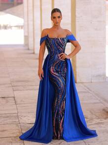 Glamrae 优雅奢华蓝色亮片刺绣缎面露肩落袖长裙，正式晚礼服 - 藍色 - 查看 7