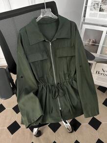 SHEIN Lacomfia Chaqueta casual de manga larga con cremallera, bolsillos múltiples y cordón para mujer de talla grande