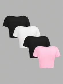 SHEIN EZwear Bộ 4 áo thun ngắn tay cổ tròn dáng lửng màu trơn, đa năng dành cho nữ, thích hợp cho mùa hè. - Nhiều màu - Xem 2