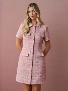 Enchnt Fall/Winter Romantic Women's Elegant Commuter Pink Tweed Button Front Short Sleeves Mini Dress ,Sweet&Elegant&Fashionable For Vacation&Date&Holiday&Birthday&Party&Graduation&Wedding Guest&Office&Going Out,Back To School,Fall Dress For Women,Autumn Clothes - Pink - View 6