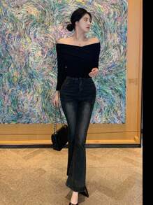 DAZY Elegant Off Shoulder Design Fitted Women T-Shirt Long Sleeve Top - Black - View 6