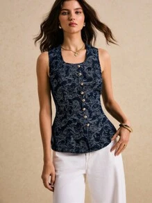 Poéselle 新款女式图腾印花牛仔上衣，圆领，无袖，收腰荷叶边下摆，金属纽扣装饰上衣，蓝色上衣秋季上衣万圣节服装圣诞服装女式工作衬衫 - 中等水洗藍 - 查看 5