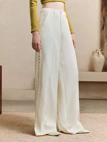 SHEIN LUNE Women's High-Waisted Wide-Leg Hollow-Out Lace Trims Pants, Casual And Versatile, Perfect For Everyday Commuting.Fall, White, And Baggy Pants. - White - View 1