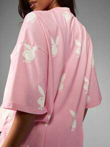 Missguided x Playboy Bunny Logo All Over Print Oversized Tee Lounge Wear Comfort Casual Summer Streetwear Graphic T-Shirt - Pink - View 6