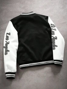 Manfinity Campus Court Aesthetic Post--Men's Long Sleeve "Los Angeles" Print Y2K College Style Varsity Thermal Lined Baseball Jacket, Black And White, Fashionable On INS, Back-To-School & Halloween Must-Have, Perfect Gift For Your Boyfriend, Men Varsity Jacket Black And White Varsity Jacket Los Angeles Jacket , Fall Winter, Grunge - Black - View 2