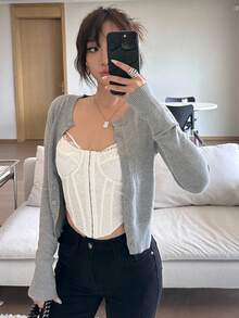 DAZY Basic Round Neck Retro Short Cardigan, Autumn/Winter - Grey - View 6