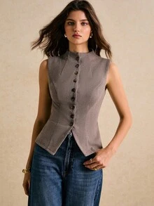 Poéselle Women's Elegant Brown Summer Office Sleeveless Blouse,Solid Color Front Button Placket Slit Top,Casual Old Money Style Fall/Winter Blouses For Ladies - Brown - View 5