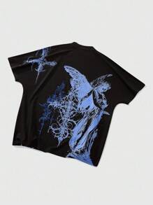 ROMWE MEN Goth 男式蝙蝠袖十字印花短袖T恤，万圣节，2000年代风格 - 黑色 - 查看 7