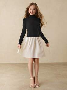 Mädchen einfaches Mode Alltags Halbrollkragen Raglan Langarm figurbetontes Kleid mit Kontrastfarben Design, vielseitig einsetzbar für Schule, Weihnachten, Halloween, alle Jahreszeiten