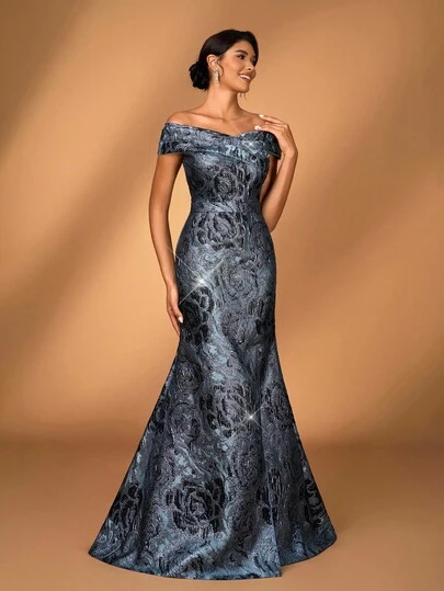 Serin Elegant Luxurious 3D Floral Design Off-Shoulder Mermaid Dress With Slit, Jacquard Satin Fabric Suitable For Wedding, Party, Vacation, Prom, Evening Gown For Bride And Mother