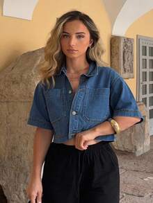 Jeta Ari 休闲度假短袖短款牛仔夹克 - 中等水洗藍 - 查看 1