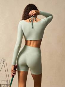 VARSIVA 女士健身套装 女士撞色拼布短款上衣和短裤 运动套装两件套运动套装 长袖瑜伽套装 - 彩色 - 查看 6