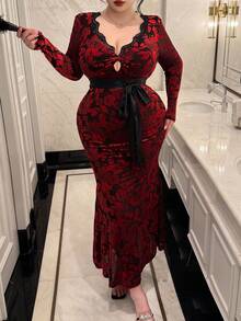 Flirla Elegant Floral Lace V-Neck Plus Size Bodycon Dress Fall Cloth For Women - Multicolor - View 7