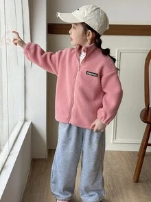 Genkimix Kids Young Girl' Cute Letter Decor Solid Color Jacket - Pink - View 7